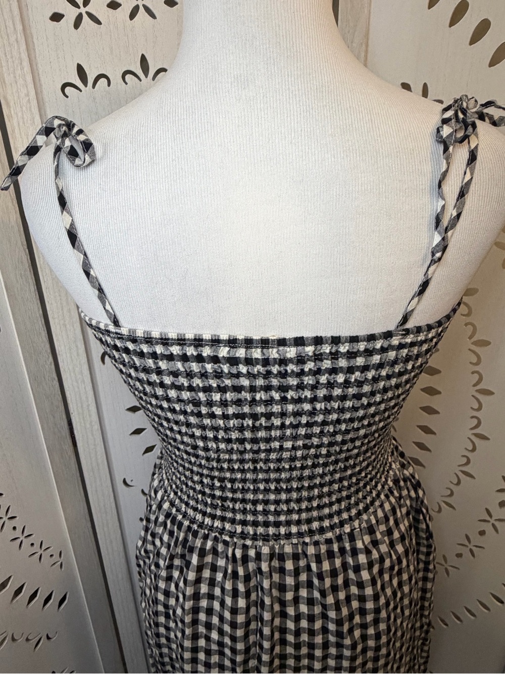 100% Cotton Black & White Gingham Tie-Shoulder Maxi Dress - Picture 9 of 12